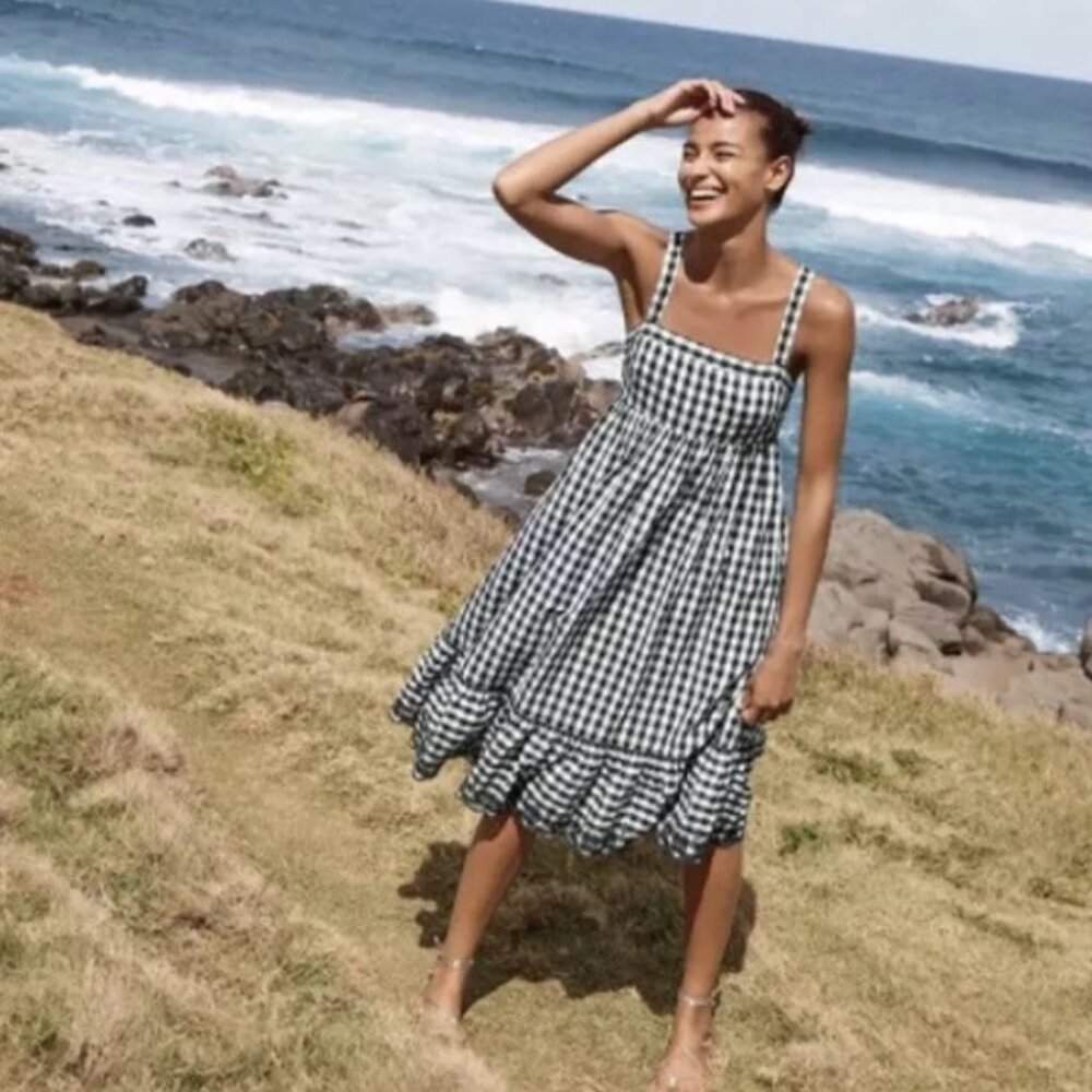 J. Crew Gingham Ruffled Strappy Sundress Black White Size 2